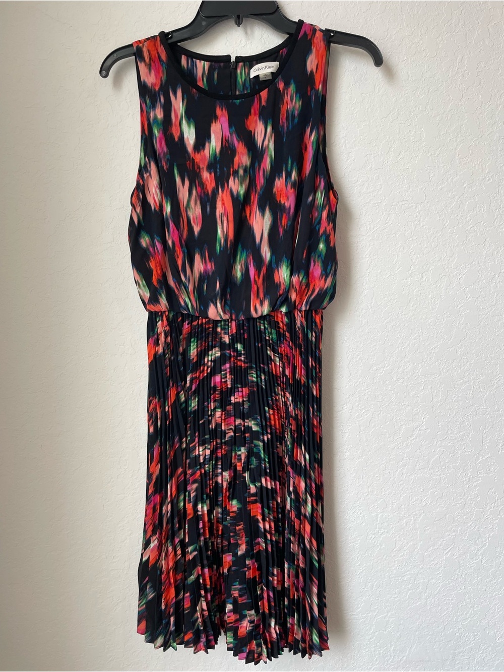 Calvin Klein Black Dress with Pink, Coral, Green and Blue Abstract Print